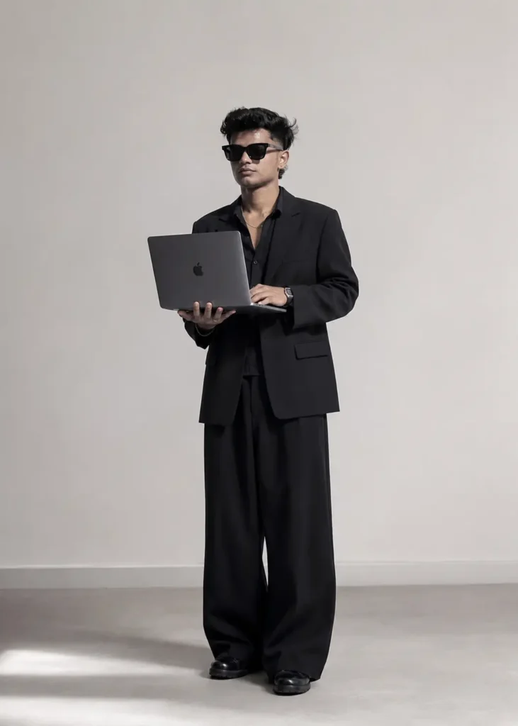 Muhammed Sidhan M, Digital Marketing Strategist in Malappuram, Kerala, holding a laptop in a professional black suit.